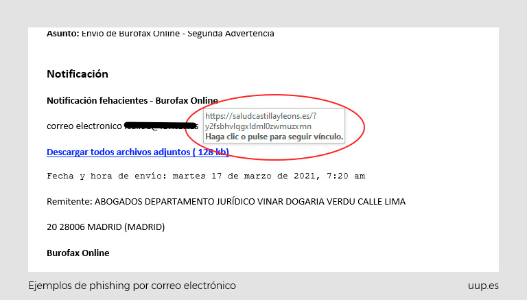 Ejemplo de phishing suplantando al gobierno de Castilla y León